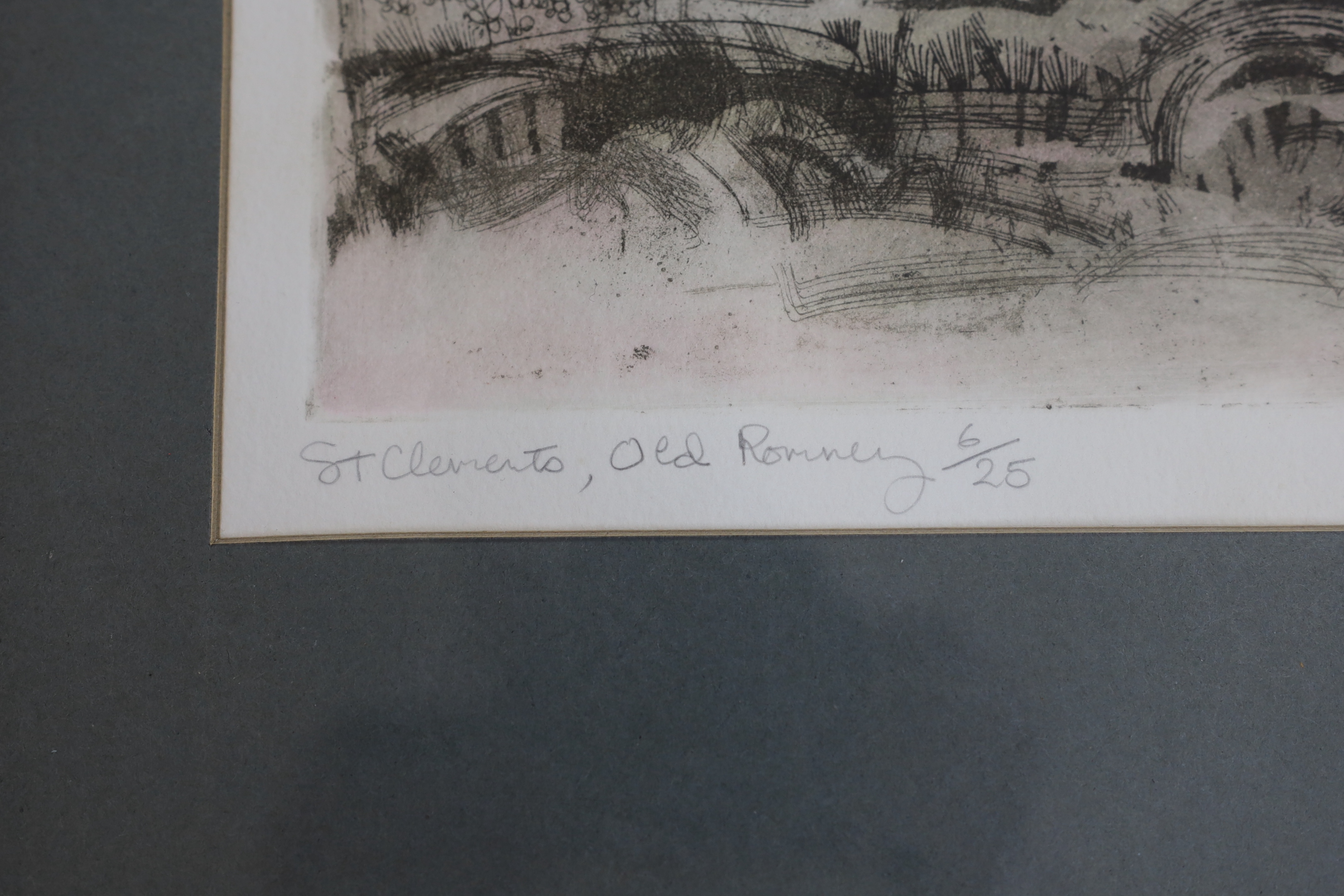 Graham Clarke (b.1941) etching, 'St. Clements, Old Romney', signed in pencil, limited edition, 6/25, label verso, 29 x 37cm